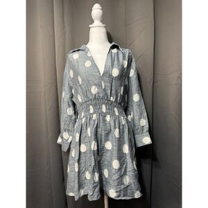 Zara Polka Dot Dress Women Large Blue White V Neck Smocked Waist Mini